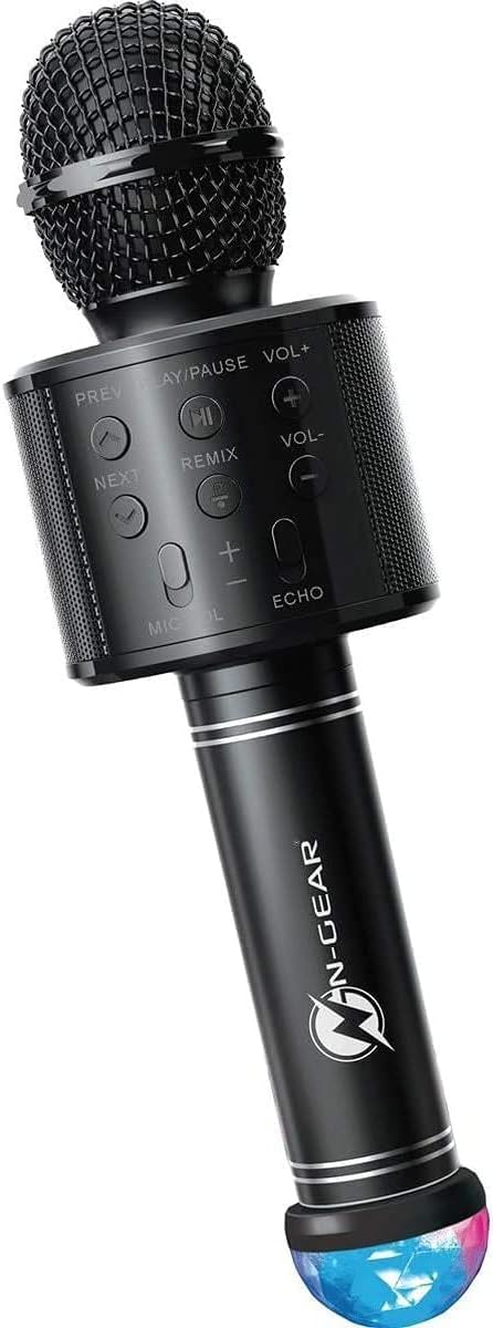 NGEAR SingMic S20L Bluetooth Karaoke Mikrofon mit 10W Max Leistung, 2 Zoll Lautsprecher, RGB Disco LED Beleuchtung, drahtloser Musikwiedergabe, Voice Effekten, MP3 über USB/MicroSD und AUX Ein/Ausgang
