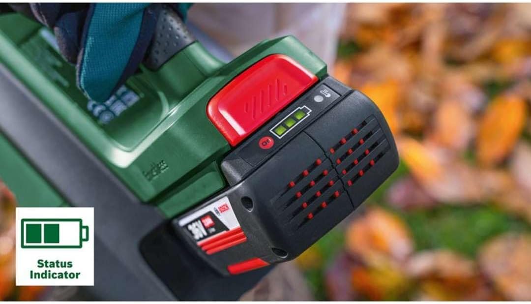 Battery status indicator lights on the Bosch 36V battery.