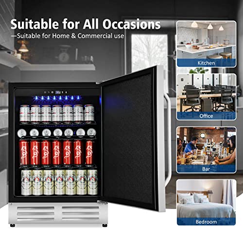 Image of Velivi 24 Inch Beverage Refrigerator, Under Counter Beverage Cooler, Built-in and Freestanding, 210 Cans, Drink Fridge with Stainless Steel Door, Safety Lock, Touch Control