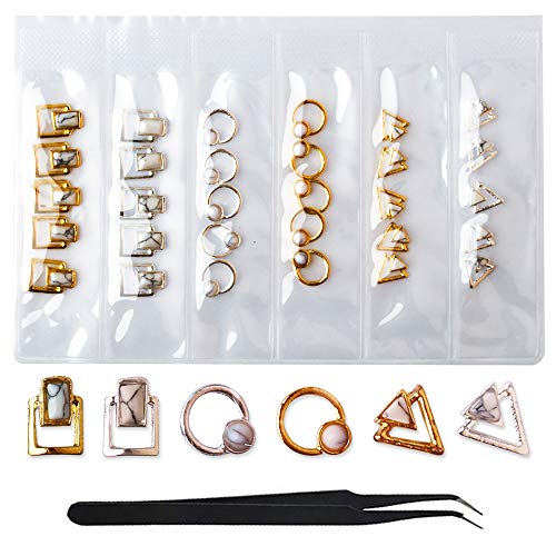 WOKOTO 30 Pcs Nail Art Jewelry Decoration Set Gold Sliver Metal Nail Studs Mix-Size Nail Crystal Manicure Kit With 1Pc Tweezers And Picker Pencil