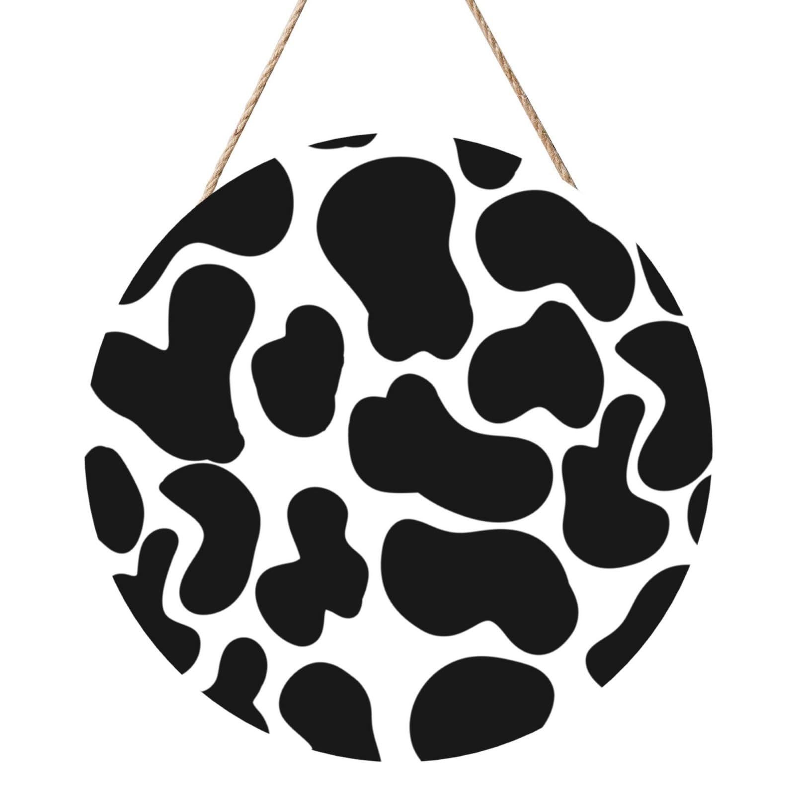 InOmak Black Cow Spots Animal Print, Round Wood Panel Painting 12 in, Wall Hanging Painting For Home