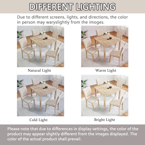 Image of KEIKI 5-Piece Standard Height Dining Table Set with Square Table, 4 Upholstered Curved Backrest Chair, for 4 Person, Modern Style Table Set, Easy Assembly, for Kitchen, Dining Room, Light Oak+Beige