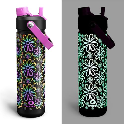 Image of ENCOOL Insulated Water Bottle with Straw Stainless Steel Water Bottle, Glow in the Dark, Leak-Proof, BPA-Free, Keeps Cold for 24 Hours for Sports, Travel, School (26 oz, Flower)
