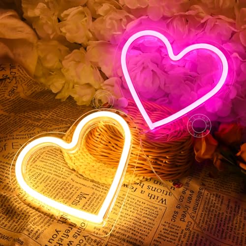 Image of SYLHOME 2 Pack Heart Led Neon Light Sign Battery Operated or USB Powered Bedroom Wedding Wall Sign Decor Christmas Birthday Gifts USB 7.87 inch X 7.28 inch Pink & Warm White