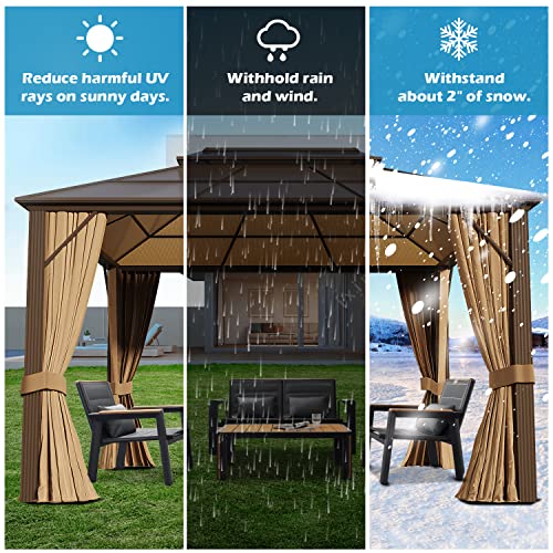 Gazebest 10' X 13' Permanent Hardtop Gazebo, Outdoor Polycarbonate Double Roof Pavilion Pergola Canopy With Aluminum Frame And Privacy Curtains For Patio, Garden, Backyard, Lawn #TOP2