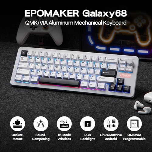 Image of EPOMAKER Galaxy68 QMK /VIA Wireless Mechanical Keyboard, Anodized Aluminum, TOP /Gasket, 6000mAh, RGB Side /Backlight, 65% Gaming Keyboard with Hot-Swap Creamy Switch (White, Marble White Switch)