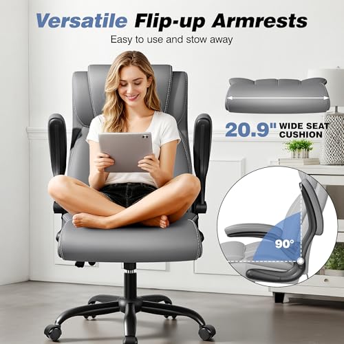 Image of BESTFAIR Ergonomic Office Chair, Adjustable Lumbar Support, High Back, Gray | Inflatable Lumbar for Custom Comfort, Flip-Up Arms, 21 inch Wide Seat, Scratch-Resistant PU Leather, Rocking Function, 4 Pack