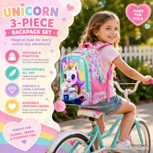 Image of 16 inch Unicorn Backpack for Girls, 3Pcs School Backpacks Set for Elementary Preschool Kindergarten, Kids Truck Bookbag with Lunch Box(Pink)