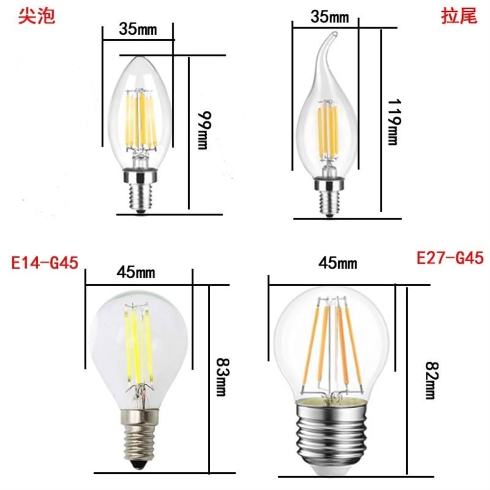 HongHeFu, Paquete de 20 bombillas de filamento LED AC220V E14/E27 bombilla de vidrio de filamento de 4W bombilla dorada con atenuación(Warm white,E14-G45)
