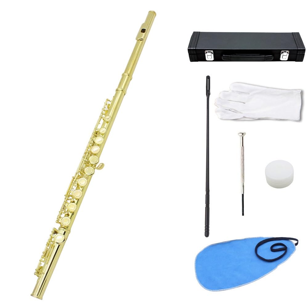 Flauta dorada de 16 orificios en C, cuerpo de tubo de cobre blanco, orificio de sonido técnico de dibujo en frío, multicolor opcional, adecuado for principiantes, caja de almacenamiento de cuero y jue