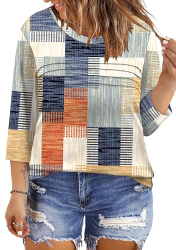 LOMON Plus Size Women Blouses 3/4 Length Sleeve Tops Crewneck Pleated Casual Tees Shirts 1X-5X2