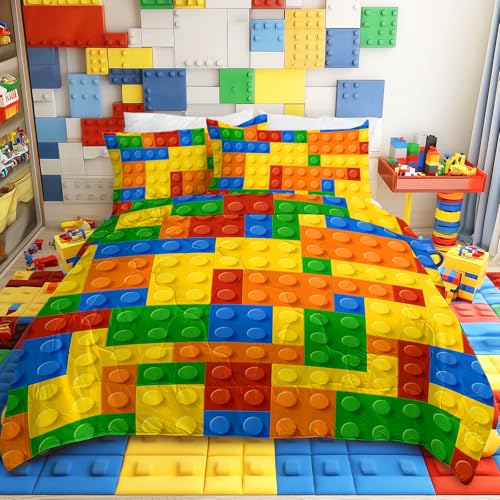 BlessLiving Kids Building Blocks Bedding: All-Season Soft Brushed Microfiber Comforter Set with 2 Pillow Cases - 3-Piece Machine Washable Twin Quilt Set for Boys & Girls