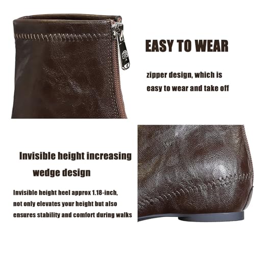 Women's Leather Flat Wedge Ankle Boots with Back Zipper Retro Comfortable Pointed Toe Internal Height Increase Fall Winter Dress Short Boots4