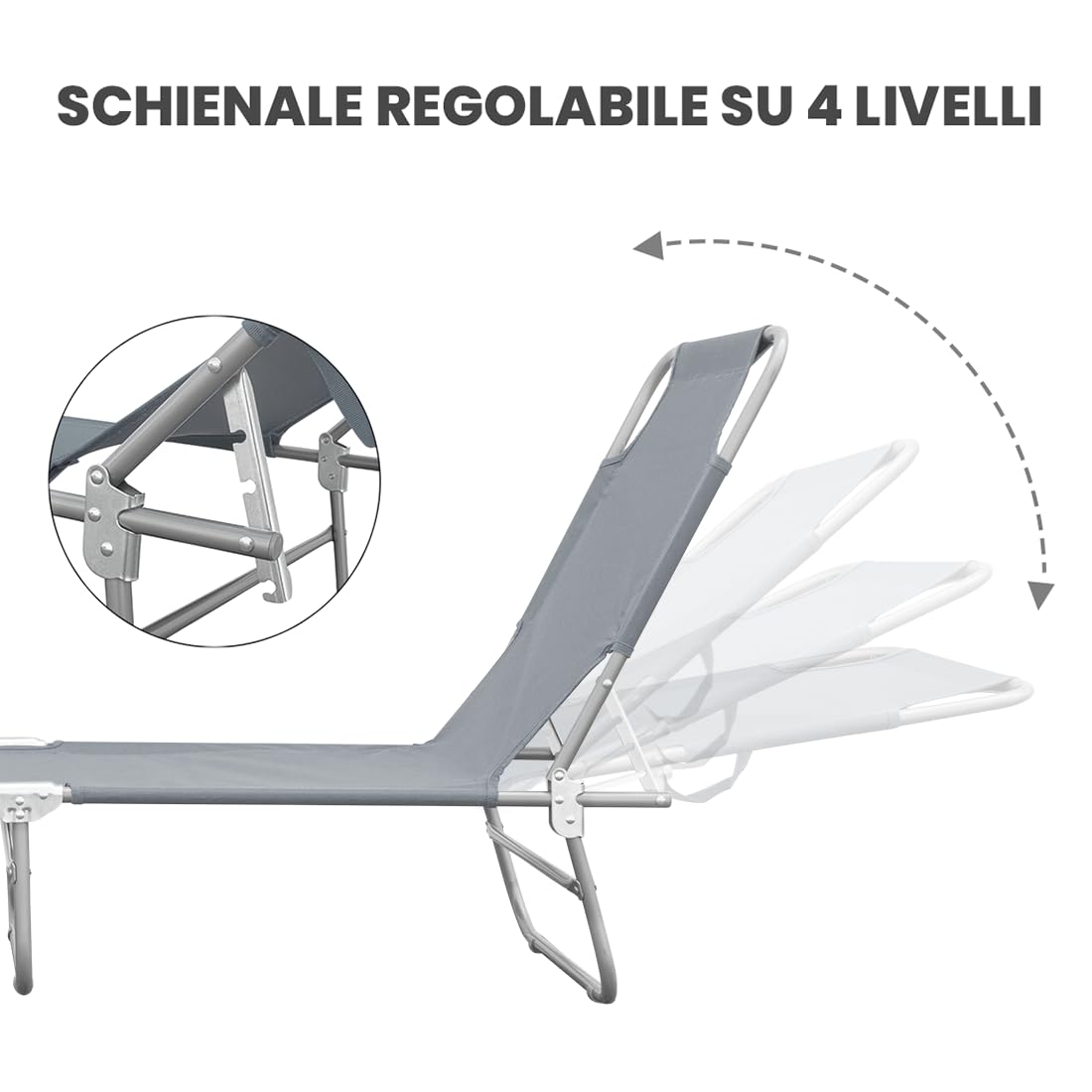 Mediawave Store - Lettino Prendisole Pieghevole 2309 con Schienale Regolabile, Brandina per Campeggio, Lettino Richiudibile e Trasportabile, per Mare, Piscina, Arredo Giardino (Grigio)
