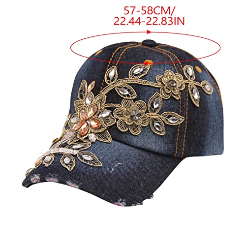Womens Summer Baseball Cap Adjustable Buckle Closure, Denim Embossing Flower Bling Rhinestone Inlaid Cowboy Hat Golf Hats #TOP4