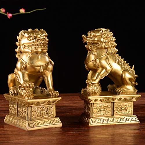 Escultura de león guardián de latón hecha a mano, par de estatuas decorativas miniatura 4