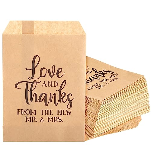 Sparkle and Bash 100 Pack Wedding Candy Bags for Guests - Love and Thanks Kraft Paper Party Favor for Treats, Buffet (5x7.5 in)