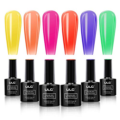 Gel Nail Polish Set - ULG Crystal Rainbow Jelly 6 Colors Soak off UV LED Gel Manicure Starter Kit Bright Summer Series with Gift Box 10ml