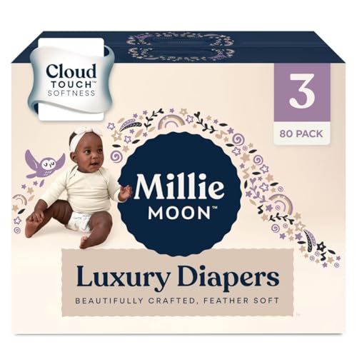 Image of Millie Moon Luxury Diapers - Size 3 (13-24lbs), 80 Count, CloudTouch Ultra Soft Diapers, Up to 12hr Absorbency, Double Leak Guard and Wetness Indicator