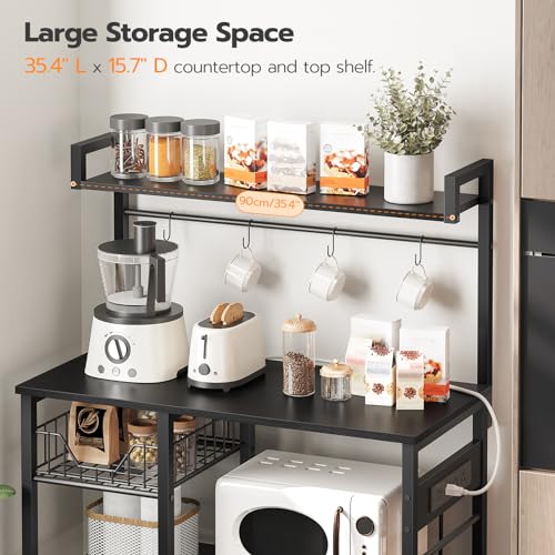HOOBRO Kitchen Bakers Rack with Power Outlet, Coffee Bar, Microwave Oven Stand with Mesh Basket, Coffee Station with 4 S-Shaped Hook, Kitchen Shelf, for Kitchen, Living Room, Black BB05HB01 - Image 4