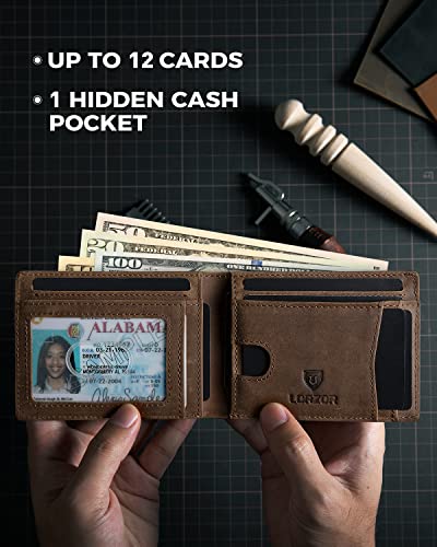 LORZOR AirTag Leather Wallet for Men, Bifold Full Grain Leather Minimalist Front Pocket RFID Blocking AirTag Mens Wallet with ID Window, Gift for Men, up to 12 Cards3