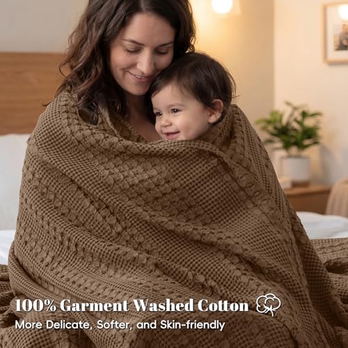 Image of PHF 100% Cotton Waffle Blanket King Size for Bed, Lightweight Breathable and Soft for Summer, Luxury Aesthetic Waffle Weave Blanket for Home Decor & Gifts for Women, 108 inchx90 inch, Chocolate