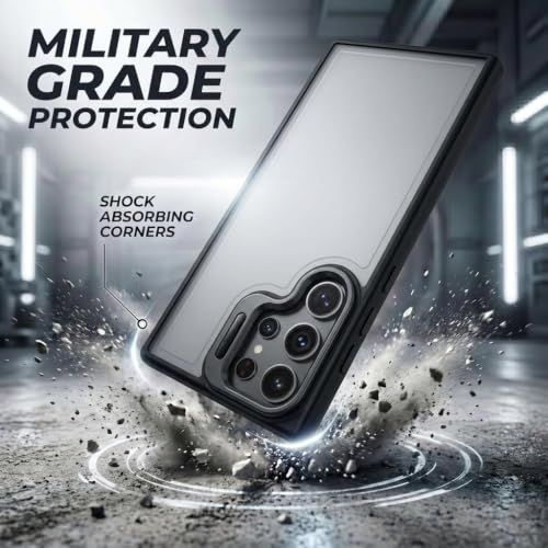 Image of amazon basics Frosted Matte Case for Samsung Galaxy S23 Ultra 5G | Built-in Flip-Out Camera Lens Stand | Translucent Back with Contrast Black Bumper | Foldable Kickstand