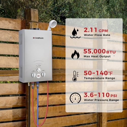 Image of CAMPLUX Portable Tankless Water Heater 55,000 BTU, 2.11 GPM Propane Water Heater for Camping, RV, Outdoor, Battery Operated with Handle, Gray, BW211G