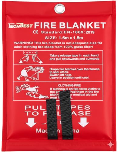 TechBest Löschdecke Küche Feuerlöschdecke - 160 x 180 Glasfaser. DIN EN 1869:2019. Brandschutzdecke für Fettfeuer in Auto, Schule, Kamin, Grill, Büro, Garage, Schweißen, Lager. 1-Packung.