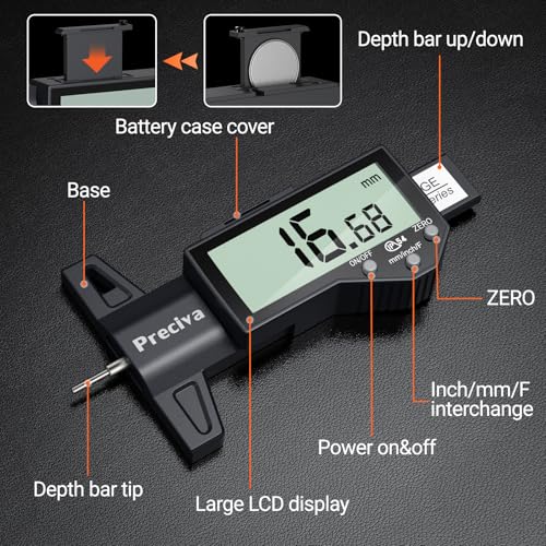 Image of Preciva Tire Tread Depth Gauge & Brake Lining Gauge Set, Digital Tire Depth Gauge with Large LCD Display and in, MM, F Conversion, for Tread Depth, Brake Shoe and Pad Wear