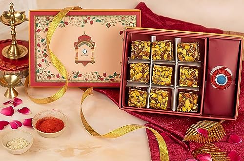 Image of Anveshan Rakhi Sweets Gift Box for Brother Sister Bhiya Bhabhi Family, 200gms | Rakshabandhan Gift for Brother Sister | Healthy Indian Sweets With Dates and Dry Fruits No Sugar, Handmade Zero Waste Rakhi with Roli and Rice