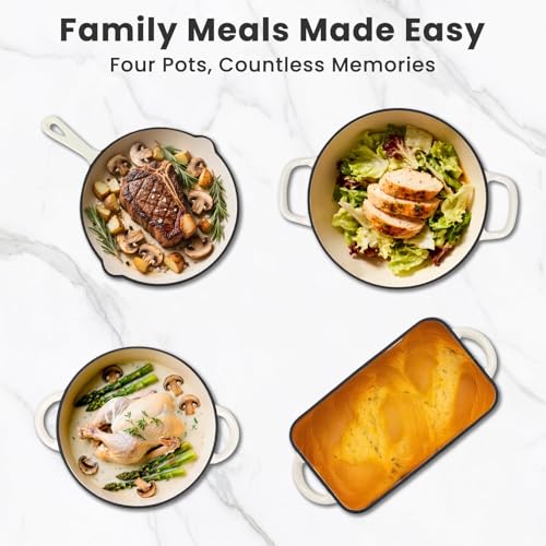 GFTIME Batterie de cuisine en fonte, 5 pièces, casserole hollandaise 2,3 QT, cocotte 4,7 QT, poêle à frire de 28 cm, moule à pain – Casseroles et poêles en fonte émaillée polyvalentes résistantes au – Image 5