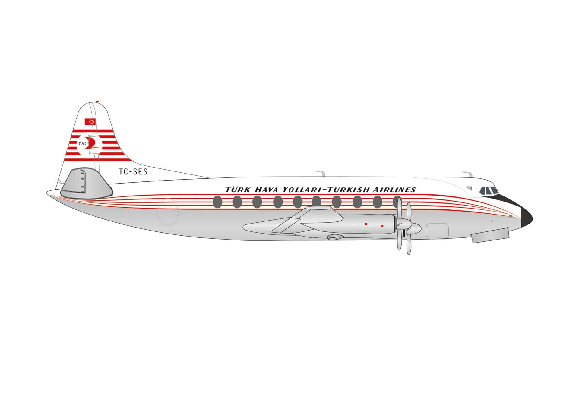 Herpa airplane model Turkish Airlines Vickers Viscount 700, TC-SES on a scale of 1 : 200, metal miniature with pedastal