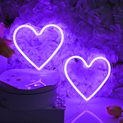 Image of Britrio Purple Heart Neon Sign Battery or USB Powered 2 Pcs LED Neon Heart Light for Mom Valentines Wedding Proposal Anniversary Wall Decoration Night Light for Girl Room Classroom Dorm Bedroom Decor