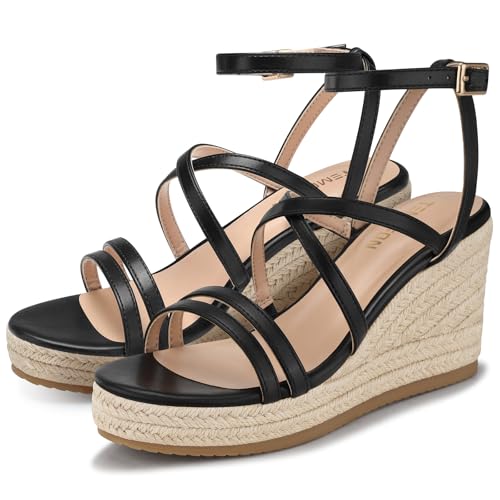 Image of TEMOFON Espadrilles Wedge Sandals for Women: Slip On Elastic Ankle Strap Platform Sandals Dressy Comfortable Summer Wedges Heels Shoes