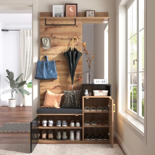 Armadio guardaroba corridoio con panchina, scarpiera e specchio, set completo con asta appendiabiti e ganci, in legno nero, mobili da corridoio per corridoio e piccoli spazi, 105 x 40 x 191,5 cm