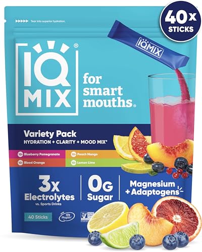 Image of IQMIX Hydration Electrolytes Powder - Sugar-Free Drink Mix Packets - Rehydration and Recovery - Keto-Friendly with Magnesium L-Threonate, Lion's Mane, Potassium Citrate - Variety Pack (40 Count)