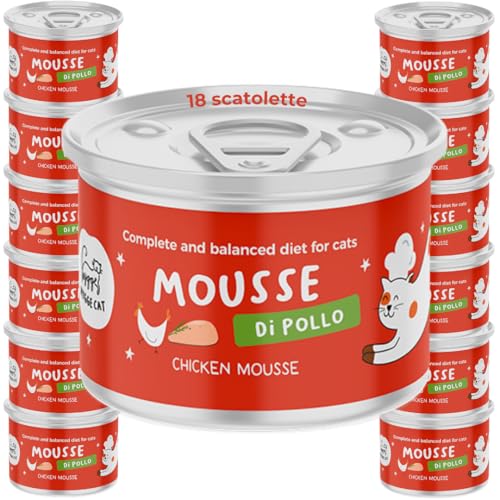Mousse de pollo | Comida húmeda para gatos adultos | Alimento completo con ingredientes naturales | Sin cereales | Rico en proteínas y vitaminas | 18 x 85 g Made in Italy | Hygge