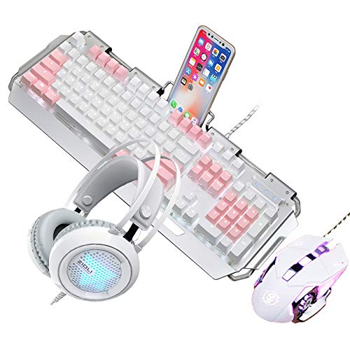 Mechanical Gaming Keyboard Mouse and Headset,Blue Switch Blue LED Metal Wired Keyboard+3200DPI Mouse+Colorful Breathing Light Gaming Headset(Pink)