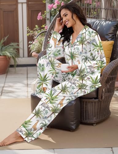 Image of SHESHOW Satin Pajamas Set for Women Set Long Sleeve Button Down Pjs Sets 2 Piece Loungewear Animal Sleepwear XS-XXL