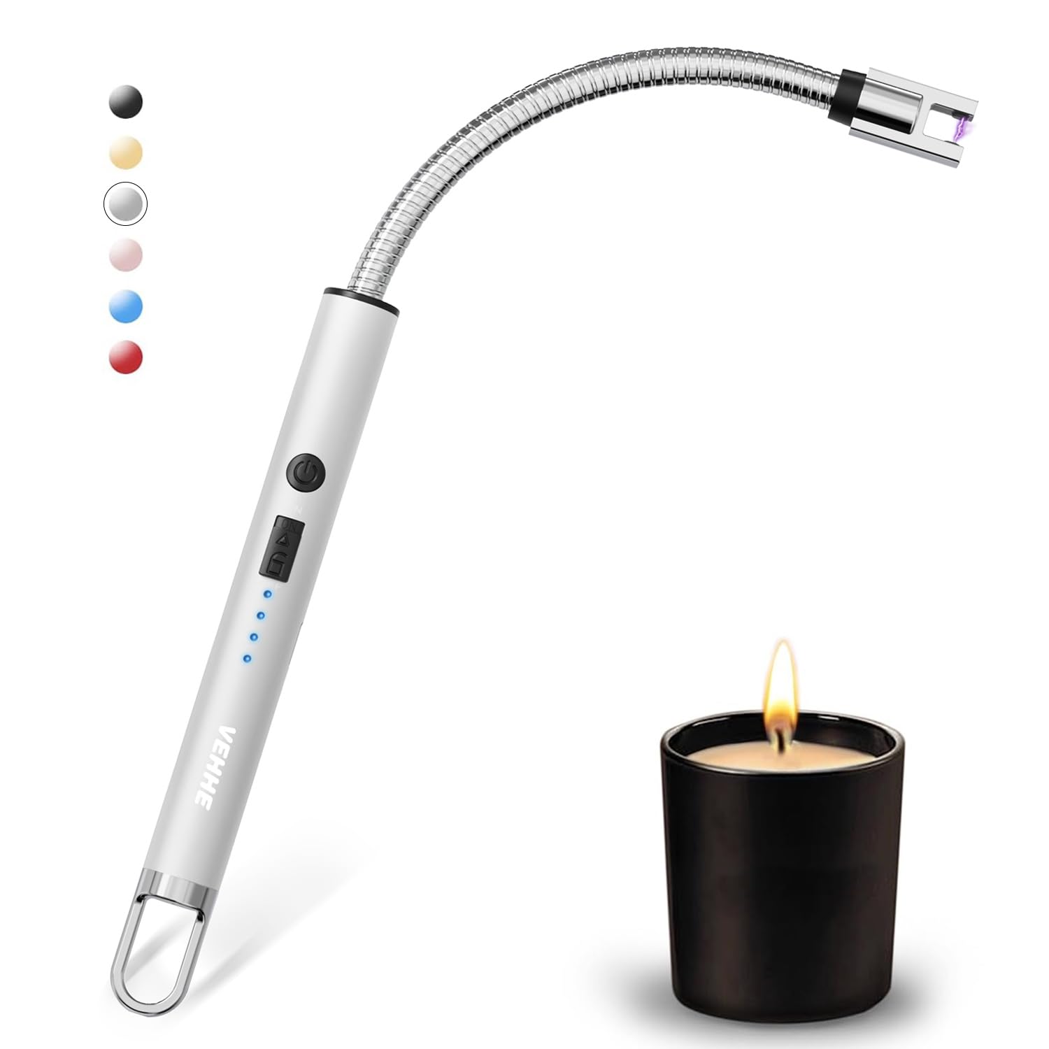VEHHE USB Feuerzeug, Elektro LED-Display Lichtbogen Feuerzeug Langer Flexibler Hals Geeignet für Küche,Kerzen,Gasherde,Grill Silber