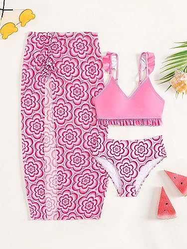 Image of WDIRARA Girl's 3 Piece Swimsuits Boho Floral Print Ruffle Trim Bikini Set with Split Beach Skirt