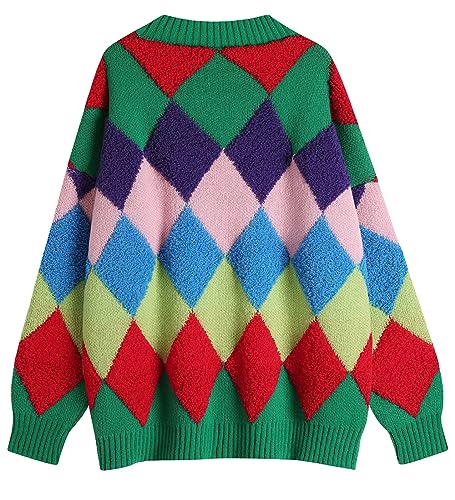 Ckikiou Women's Oversized Fall Winter Button Down Cute Color Block Knitted Chunky Sweater Cardigan Top2