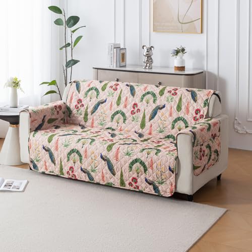 Image of House of Quirk 'Mughal Series' Anti-Slip Sofa Cover Mat with Pocket | Polyester Couch Protector for Pets, Kids & Spills (Royal Peacock, 180x210cm, Four Seater)