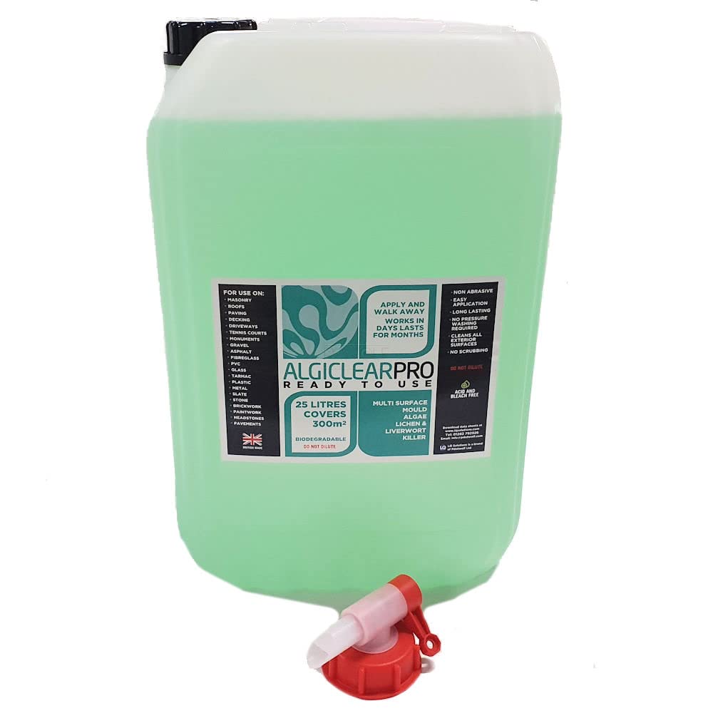 Algiclear Pro25L Ready To Use With Tap - Mould & Algae Remover For Lichen, Patio Cleaner Fluid, Decking, Paving & All Outdoor Surfaces.- Coverage - 300 SQM