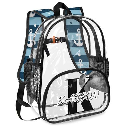 Personalized Small Clear Backpack Stadium Approved Heavy Duty PVC Plastic Custom Anchor Transparent Backpacks See Through Bag with Name, Beach Theme2