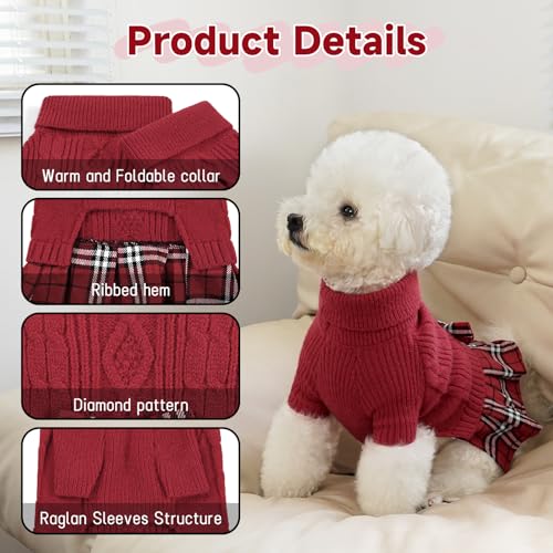 Yudodo Dog Sweater Dress For Small Dogs With Bowtie Turtleneck Knitted Dog Dress Pet Dog Winter Clothes Warm Sweater For Yorkies Chihuahua Small Red thumb #3