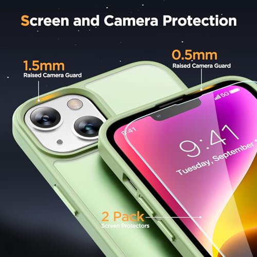 Image of Miracase Magnetic for iPhone 14 Case 6.1 inch (Compatible with MagSafe)(with 2X Screen Protectors) Military-Grade Protection, Anti-Fingerprint Translucent Matte Phone Case Cover, Light Green