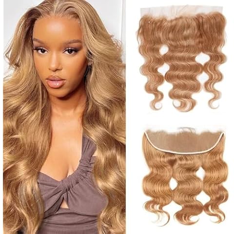13X4 Frontal Human Hair Blonde Frontal 18 Inch Transparent Lace Ear To Ear Lace Frontal #27 Blonde Body Wave Brazilian Remy Human Hair High Density Natural Hairline With Baby Hair Grade 10A Cover