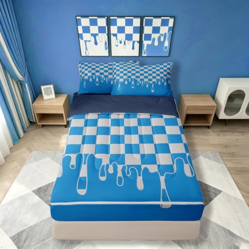 Image of Cyan Teal Checkered Zipper Bedding Full SizeGingham Checkerboard Drip Zip Up Bedding Set for Teens Adults, Vintage Aesthetic Trendy Modern Geometric Bed in a Bag Grid Plaid Comforter Set with Sheets